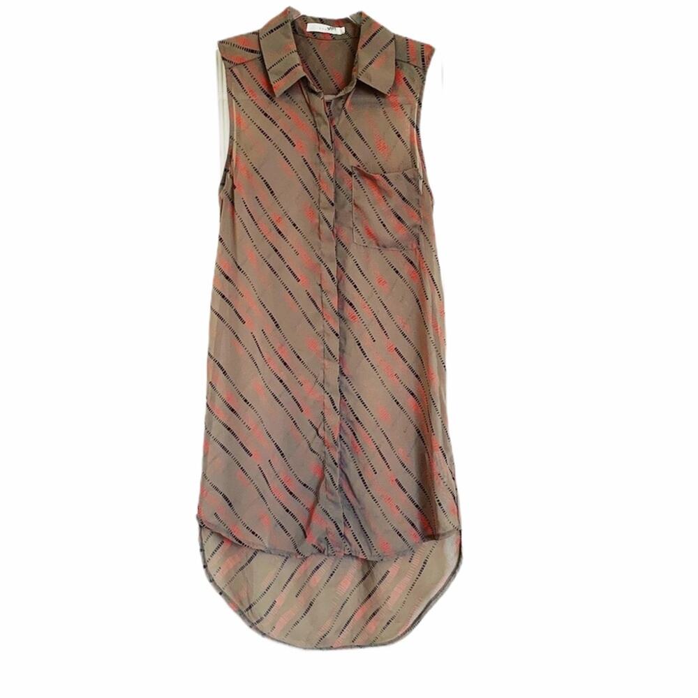 LUSH Longline Sleeveless Tunic Shirt Y2K Button Down Collared Sheer Brown Sz XS